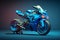 Futuristic custom angled light motorcycle concept with glowing blue tones. Neural network generated art