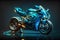 Futuristic custom angled light motorcycle concept with glowing blue tones. Neural network generated art