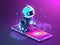 Futuristic cute robot in screen of smartphone. Concept of chatbot with artificial intelligence