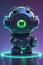 Futuristic cute shiny toy robot. Cartoon android cyborg world. Neon 3d art cartoon character.