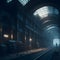 Futuristic Cyber Gaming Dark Foggy Abandoned Railway Station Industrial Structure Underground Tunnel Warm Glowing Lights