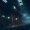 Futuristic Cyber Gaming Dark Foggy Abandoned Railway Station Industrial Structure Underground Tunnel Warm Glowing Lights