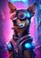 Futuristic cybernetic canine with neon enhancements navigating a dystopian cityscape.