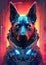 Futuristic cybernetic canine with neon enhancements navigating a dystopian cityscape.