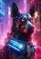 Futuristic cybernetic canine with neon enhancements navigating a dystopian cityscape.