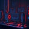 Futuristic Cyberpunk Blade Runner Computer Multiple Monitors Setup Control Room Desk Red Laser Lights Hacker Space Generative Ai
