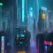 Futuristic cyberpunk city at night with blue and pink neon illumination lights. . Concept sci fi downtown