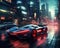 Futuristic cyberpunk city street, fantastic cars move on dark road.