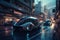 Futuristic cyberpunk city street, fantastic cars move on dark road, generative AI