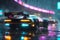 Futuristic cyberpunk racing car speeds through neon-lit stadium. on rainy night