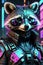 Futuristic cyberpunk-style raccoon with vibrant neon armor and intricate cyber enhancements