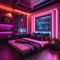 A futuristic cyberpunk-themed bedroom with neon lights, tech gadgets, and a dystopian aesthetic2