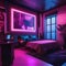 A futuristic cyberpunk-themed bedroom with neon lights, tech gadgets, and a dystopian aesthetic3