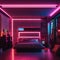 A futuristic cyberpunk-themed bedroom with neon lights, tech gadgets, and a dystopian aesthetic4