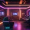 A futuristic cyberpunk-themed underground hideout with glowing screens and industrial pipes3