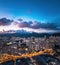 Futuristic cyberpunk view of the famous metropolis, night aerial view of Kowloong Hong Kong