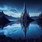 A Futuristic Dark Magical Castle Reflects on the Pristine Waters of a Blue Lake - A Vision of Sorcery