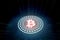 Futuristic digital glowing bitcoin with abstract binary zero-one code text wave background.