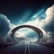 Futuristic dramatic cloudscape with highway and concept arch. Generative AI