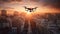 Futuristic drone captures city life at dusk generated by AI