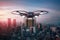 Futuristic drone delivers packages in digitally generated cityscape scene