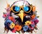 The Futuristic Eagle Bird Head has a flower and sunglasses on a clean background.