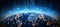 Futuristic earth in cosmic space with blue sunrise, power outage, global holiday, world map, stars