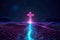 Futuristic Easter concept. Holy cross with neon magenta and cyan lighting effects. Wireframe landscape background