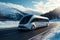 Futuristic electric autonomous bus driving on an open highway with beautiful nature background