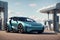 Futuristic electric car being charged on a large charging station, AI generated