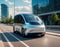 Futuristic electric cargo delivery minivan truck driving on city highway with full autonomous driving system parked at