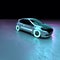 Futuristic Electric Compact City Car Rides on Neon Illuminated Surface in the Dark with Copy Space.