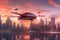 futuristic electric flying taxi in city skyline