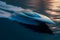 Futuristic electric speedboat cutting through the waves with motion blur, conveying a sense of speed and power. Ai generated