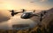 Futuristic electric vertical takeoff and landing aircraft overflying a lake