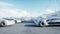 Futuristic electrick cars on warehouse parking. Logistic center. Green energy concept. Realistic 4k animation.