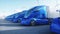 Futuristic electrick trucks on warehouse parking. Logistic center. Delivery, transport concept. 3d rendering.