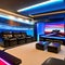 A futuristic entertainment room with a home theater, gaming setup, and neon accent lighting2, Generative AI