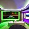 A futuristic entertainment room with a home theater, gaming setup, and neon accent lighting3, Generative AI