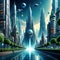 A futuristic and fantastical scene of a city with towering, sleek buildings, surrounded by otherworldly vegetation