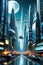 A futuristic and fantastical scene of a city with towering, sleek buildings, surrounded by otherworldly vegetation