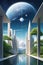 A futuristic and fantastical scene of a city with towering, sleek buildings, surrounded by otherworldly vegetation