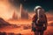 Futuristic fantasy image city building on Mars, flying ships with astronaut