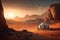 Futuristic fantasy image city building on Mars, flying ships with astronaut,