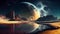 Futuristic fantasy landscape, sci-fi landscape with planet, neon light, cold planet. Galaxy, unknown planet