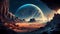 Futuristic fantasy landscape, sci-fi landscape with planet, neon light, cold planet. Galaxy, unknown planet