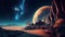 Futuristic fantasy landscape, sci-fi landscape with planet, neon light, cold planet. Galaxy, unknown planet