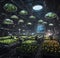 A futuristic farm floating in space, with rows of glowing crops and robotic workers tending to them.