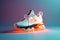 Futuristic fashion original sneakers. Future design of stylish sport shoes with neon glow, futuristic urban aesthetics. Sportswear