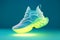 Futuristic fashion original sneakers. Future design of stylish sport shoes with neon glow, futuristic urban aesthetics. Sportswear